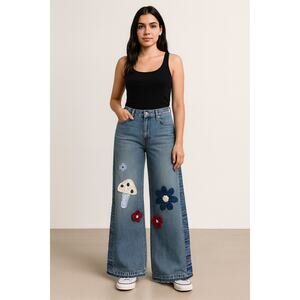 ✨ Upcycled Lee Denim Jeans – Size 30 | Wide Leg, Distressed + Crochet ✨QUICKSHIP